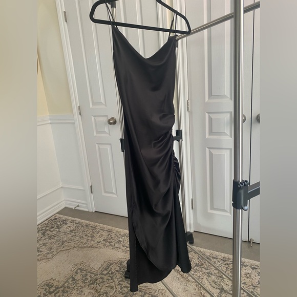 Black Satin Cowl Neck dress with ruching - Picture 2 of 12